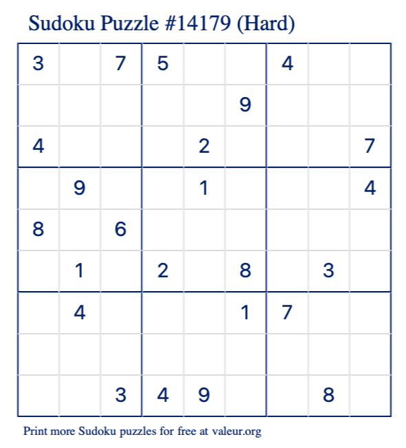 Free Printable Hard Sudoku Puzzle number 14179