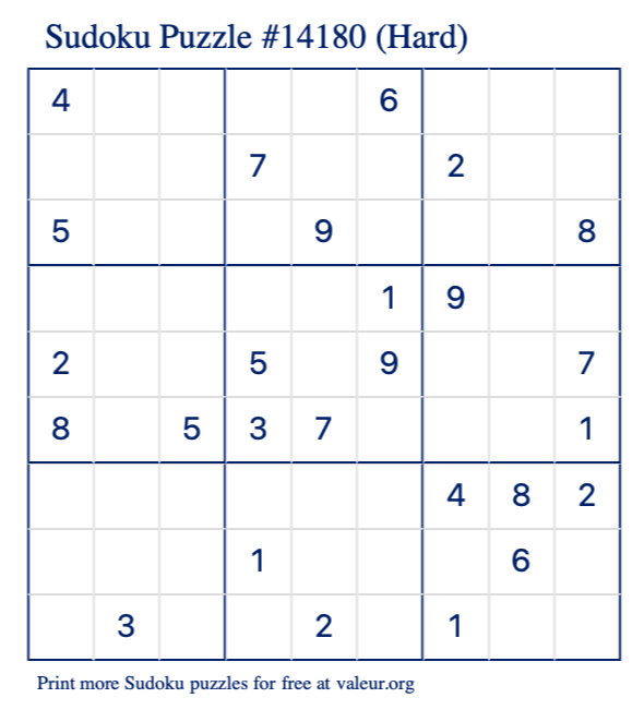 Free Printable Hard Sudoku Puzzle number 14180