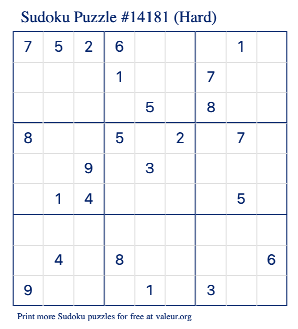 Free Printable Hard Sudoku Puzzle number 14181