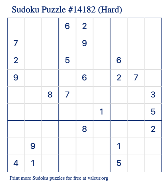 Free Printable Hard Sudoku Puzzle number 14182