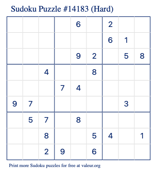 Free Printable Hard Sudoku Puzzle number 14183