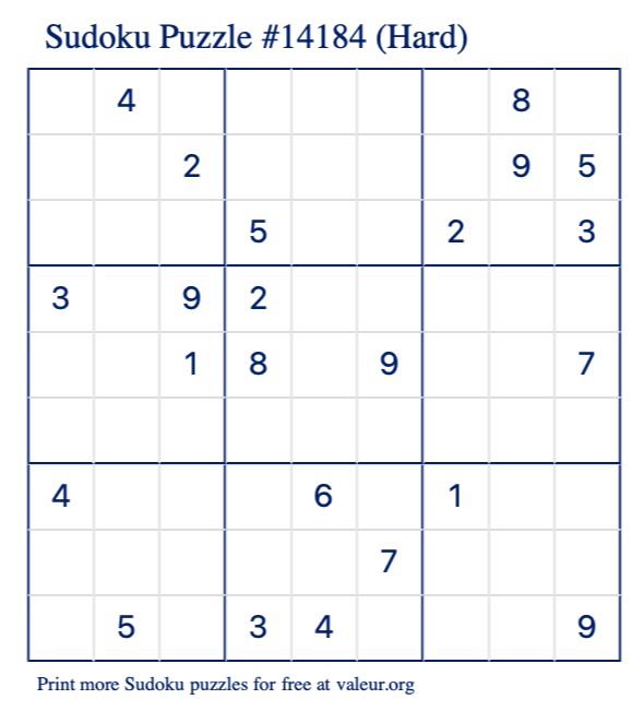 Free Printable Hard Sudoku Puzzle number 14184