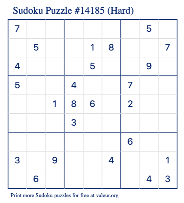 Free Printable Hard Sudoku Puzzle number 14185