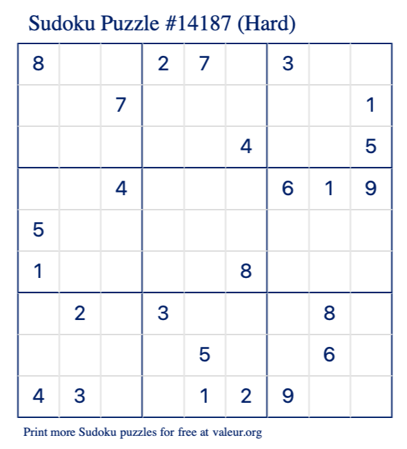 Free Printable Hard Sudoku Puzzle number 14187