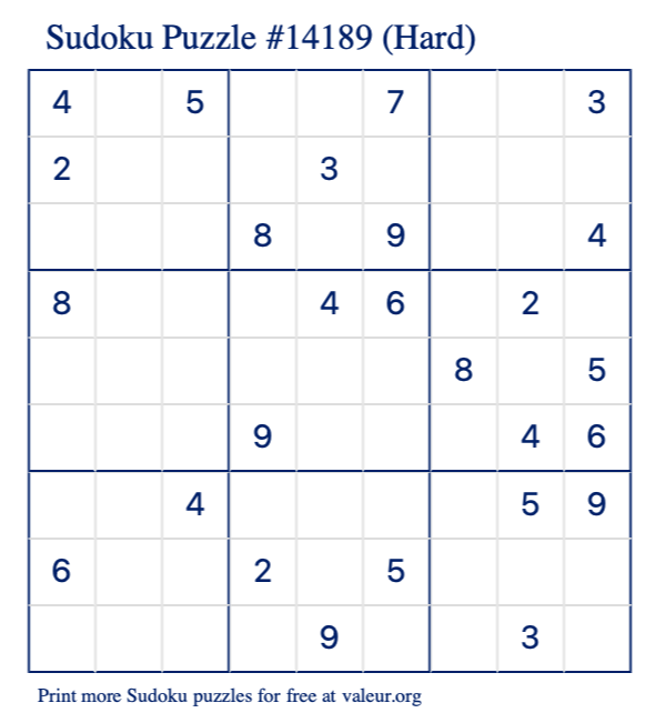 Free Printable Hard Sudoku Puzzle number 14189