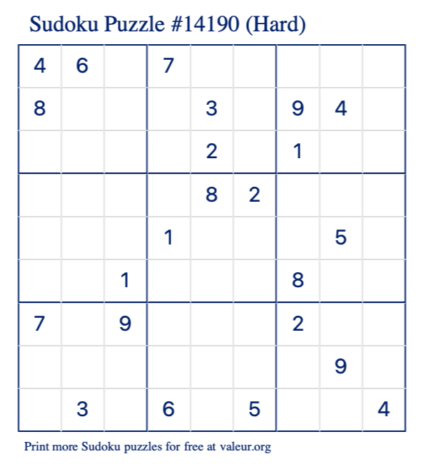 Free Printable Hard Sudoku Puzzle number 14190