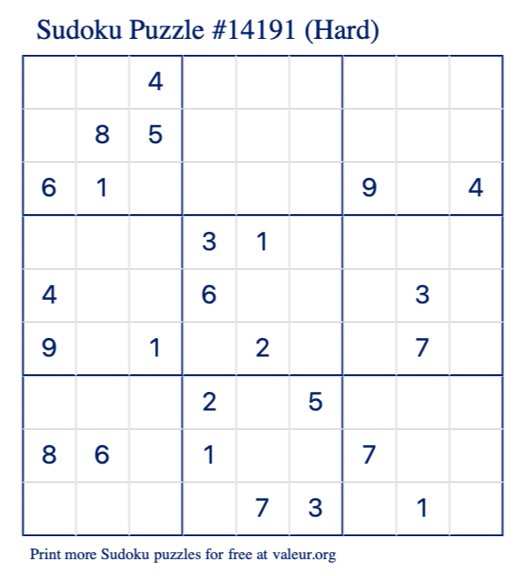 Free Printable Hard Sudoku Puzzle number 14191
