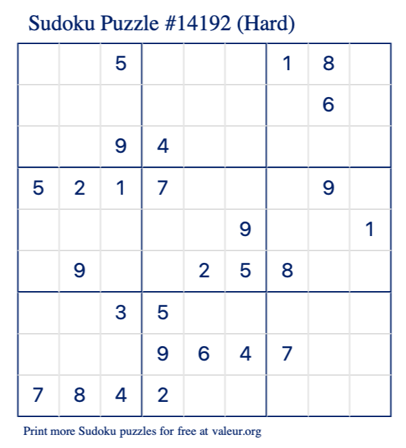 Free Printable Hard Sudoku Puzzle number 14192
