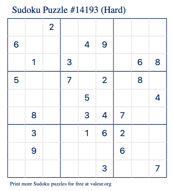 Free Printable Hard Sudoku Puzzle number 14193