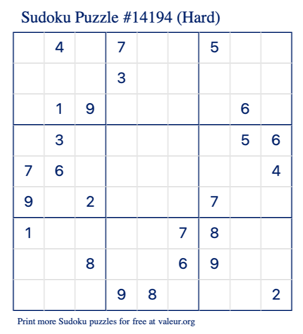 Free Printable Hard Sudoku Puzzle number 14194