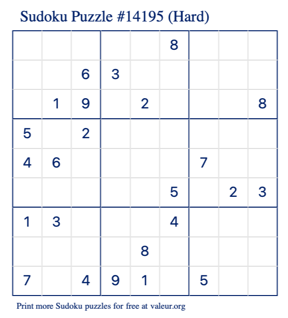 Free Printable Hard Sudoku Puzzle number 14195