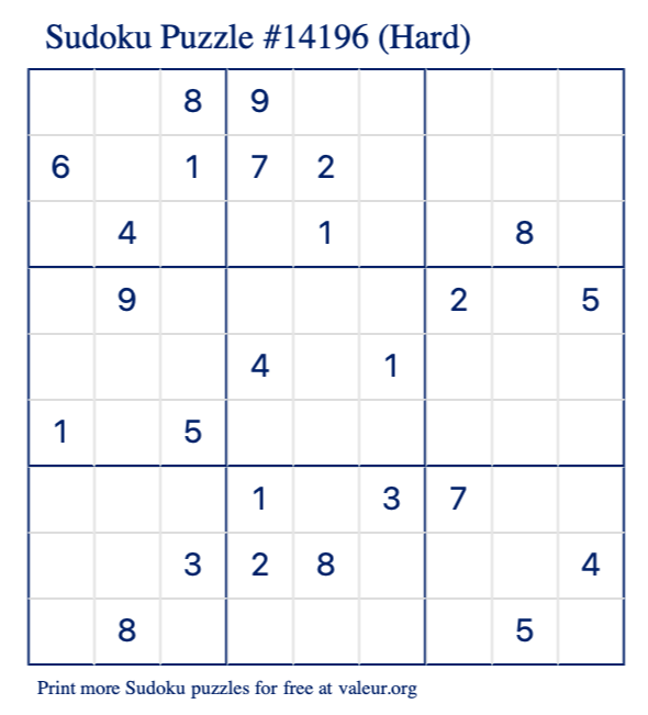 Free Printable Hard Sudoku Puzzle number 14196