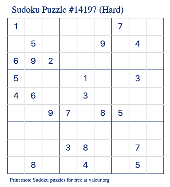 Free Printable Hard Sudoku Puzzle number 14197