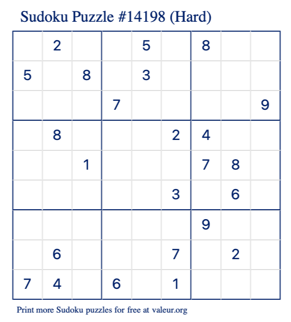 Free Printable Hard Sudoku Puzzle number 14198