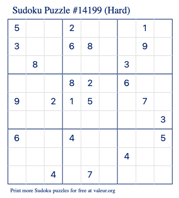 Free Printable Hard Sudoku Puzzle number 14199