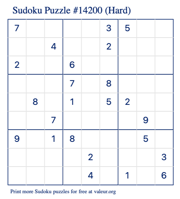 Free Printable Hard Sudoku Puzzle number 14200