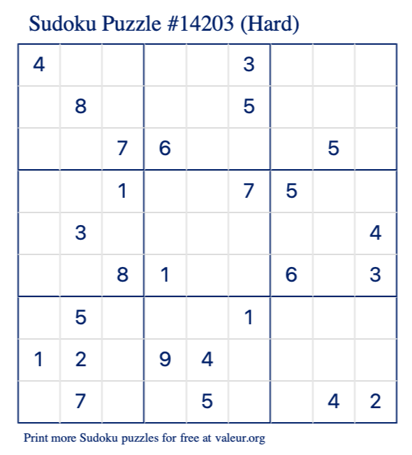 Free Printable Hard Sudoku Puzzle number 14203
