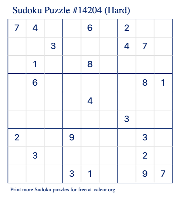 Free Printable Hard Sudoku Puzzle number 14204
