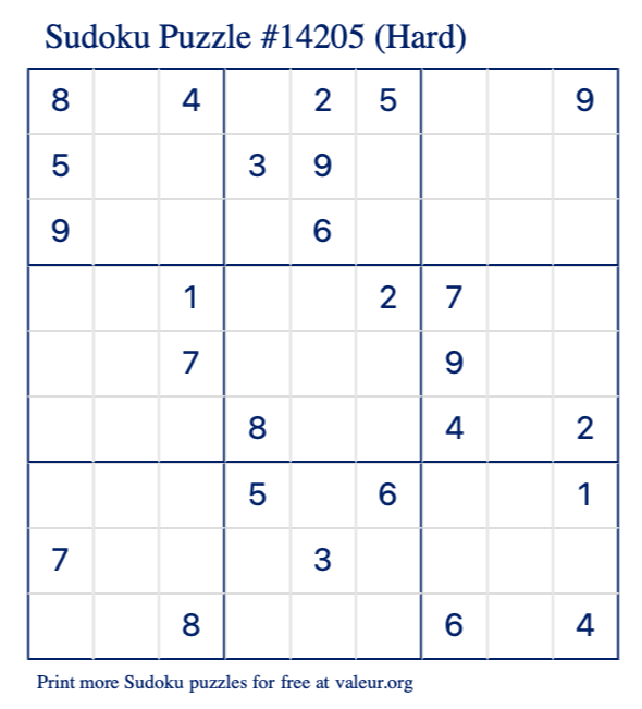 Free Printable Hard Sudoku Puzzle number 14205