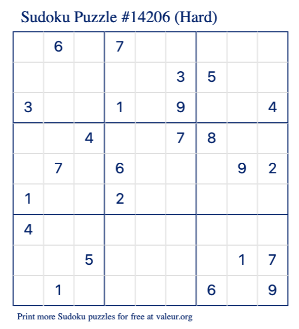 Free Printable Hard Sudoku Puzzle number 14206