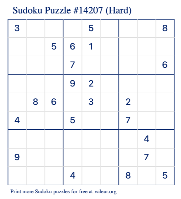 Free Printable Hard Sudoku Puzzle number 14207