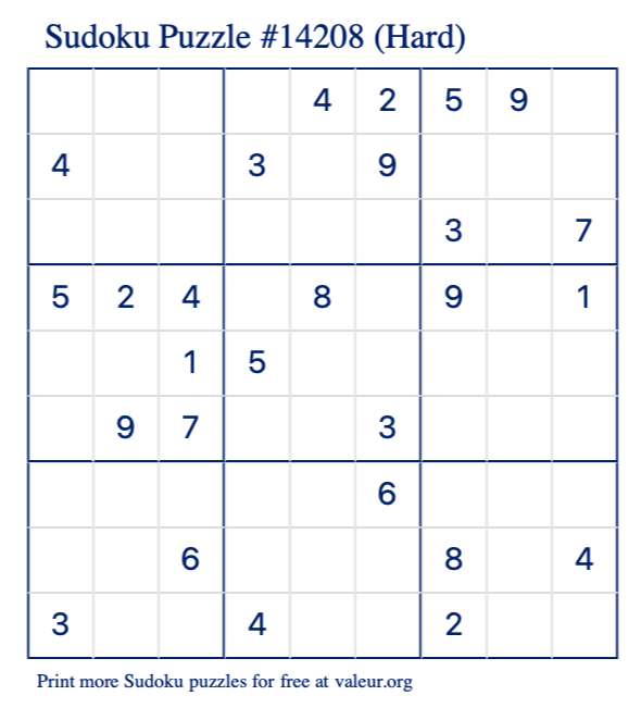 Free Printable Hard Sudoku Puzzle number 14208