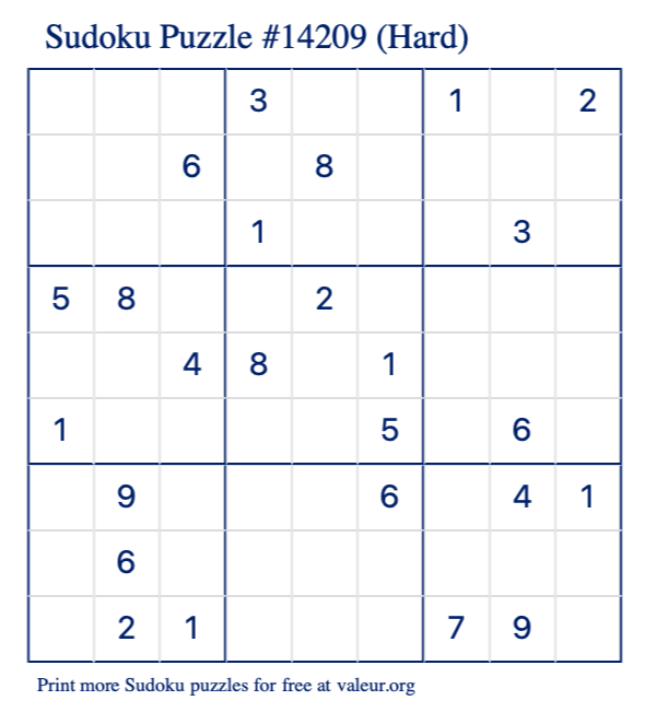 Free Printable Hard Sudoku Puzzle number 14209