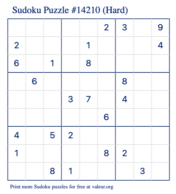 Free Printable Hard Sudoku Puzzle number 14210