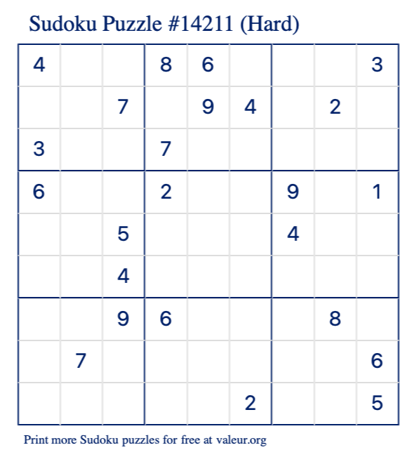 Free Printable Hard Sudoku Puzzle number 14211