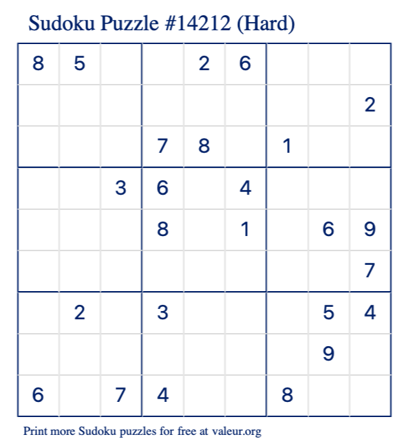 Free Printable Hard Sudoku Puzzle number 14212