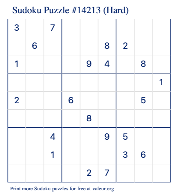 Free Printable Hard Sudoku Puzzle number 14213