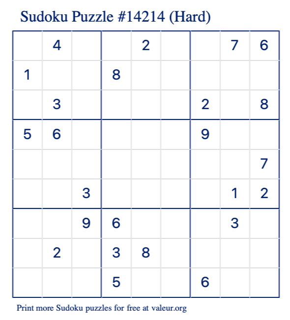 Free Printable Hard Sudoku Puzzle number 14214