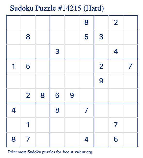 Free Printable Hard Sudoku Puzzle number 14215