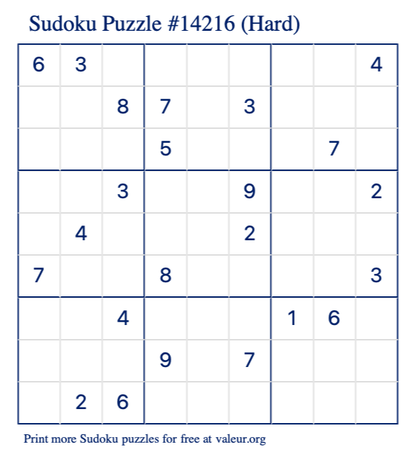 Free Printable Hard Sudoku Puzzle number 14216