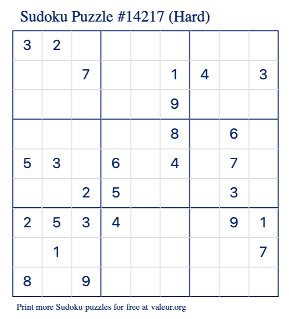 Free Printable Hard Sudoku Puzzle number 14217