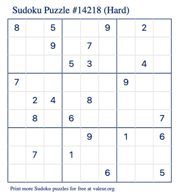 Free Printable Hard Sudoku Puzzle number 14218