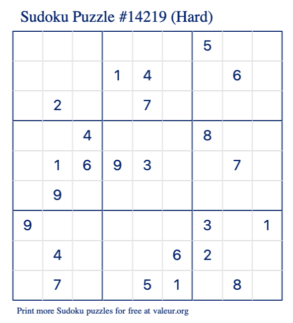 Free Printable Hard Sudoku Puzzle number 14219