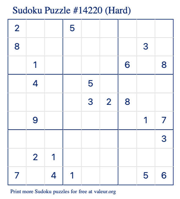 Free Printable Hard Sudoku Puzzle number 14220