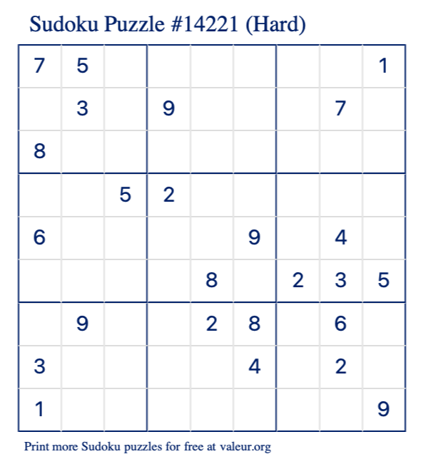 Free Printable Hard Sudoku Puzzle number 14221