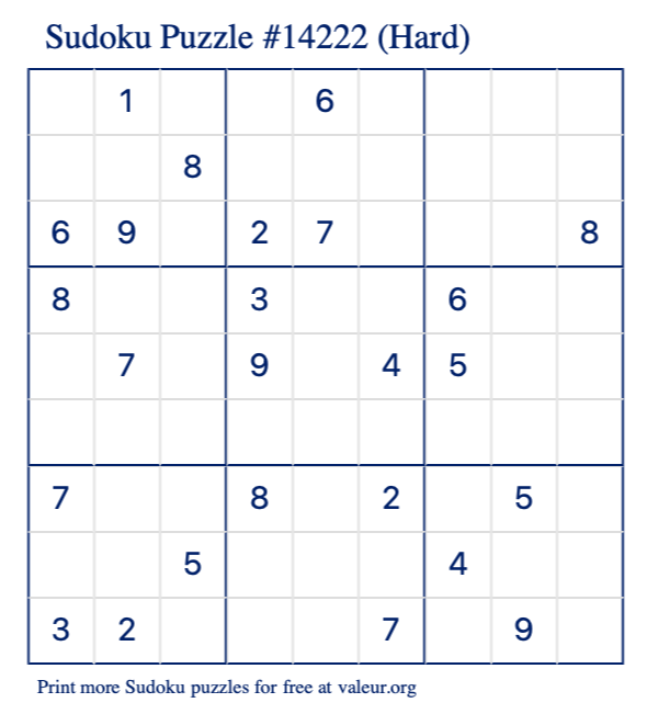 Free Printable Hard Sudoku Puzzle number 14222