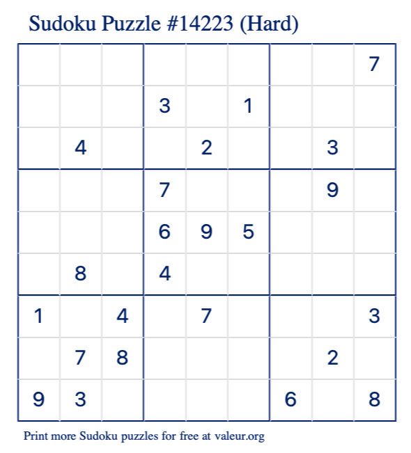 Free Printable Hard Sudoku Puzzle number 14223