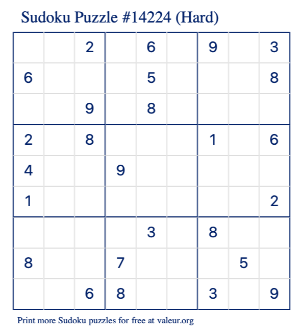 Free Printable Hard Sudoku Puzzle number 14224