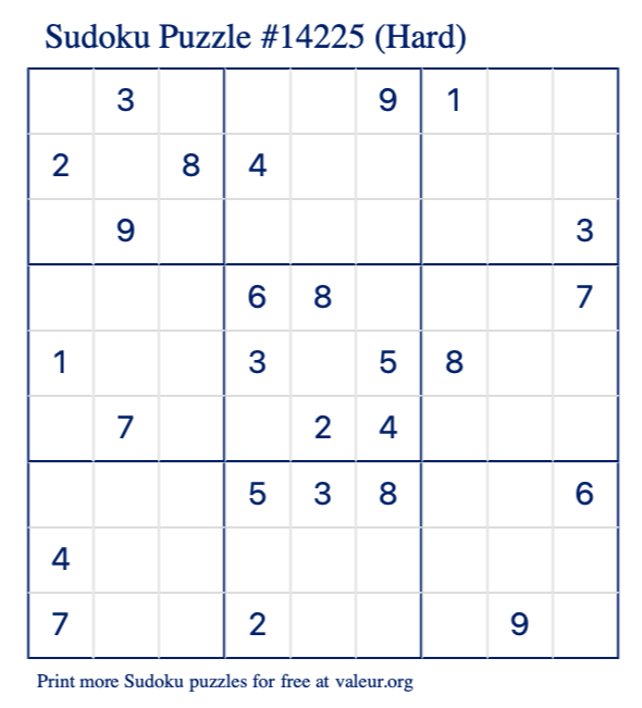 Free Printable Hard Sudoku Puzzle number 14225
