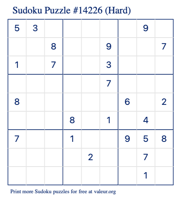 Free Printable Hard Sudoku Puzzle number 14226
