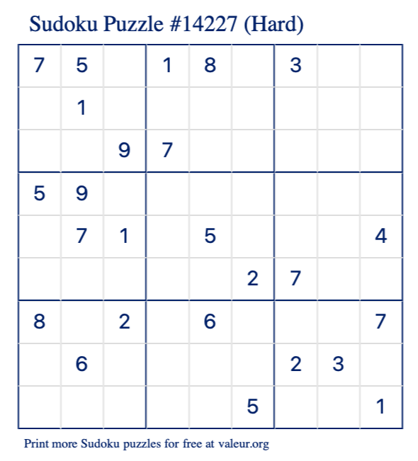 Free Printable Hard Sudoku Puzzle number 14227