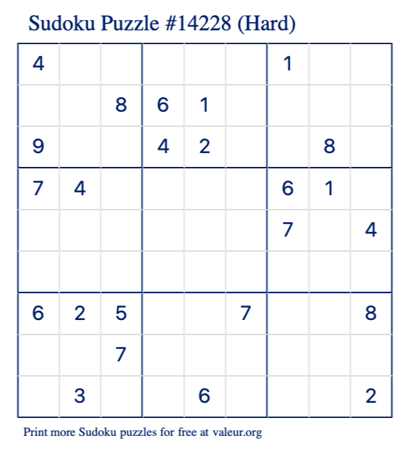 Free Printable Hard Sudoku Puzzle number 14228