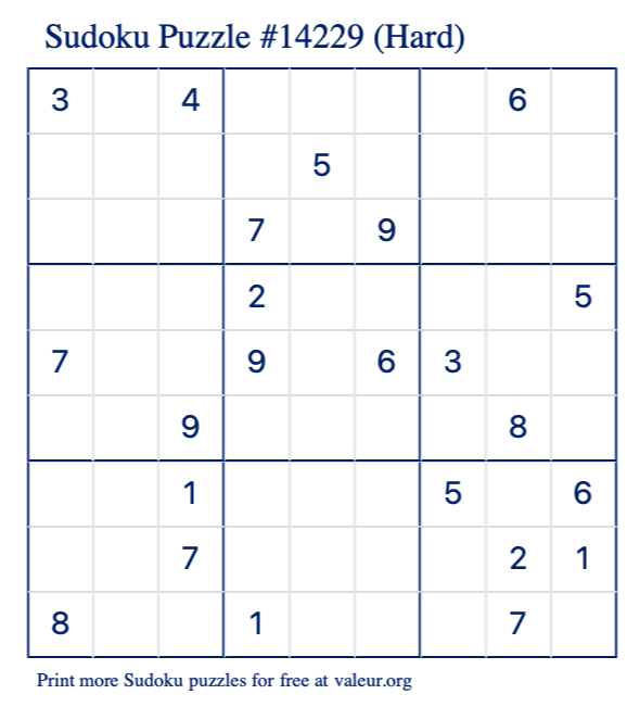 Free Printable Hard Sudoku Puzzle number 14229