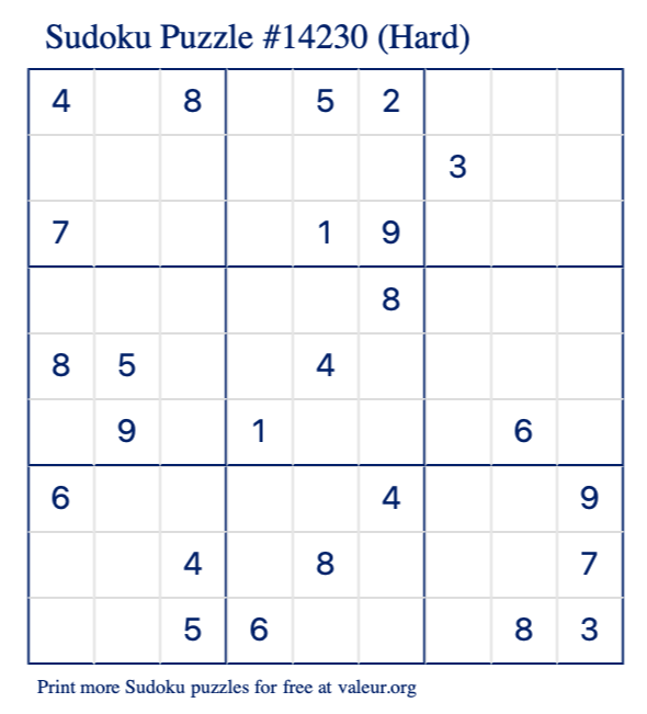 Free Printable Hard Sudoku Puzzle number 14230
