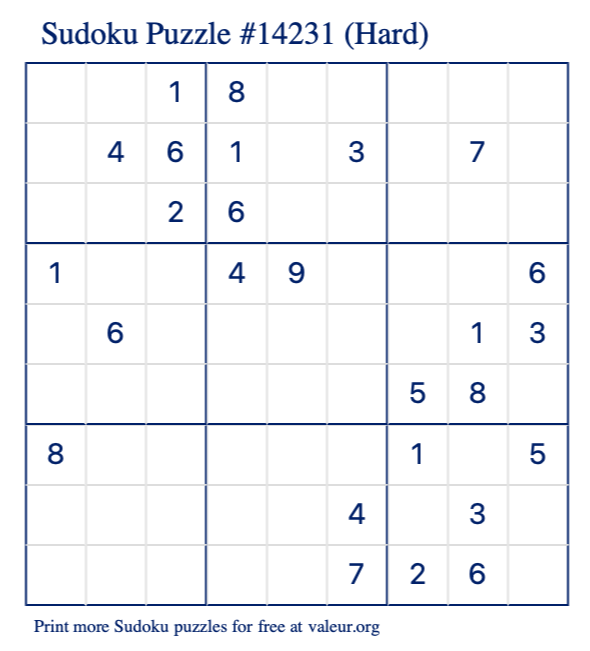 Free Printable Hard Sudoku Puzzle number 14231