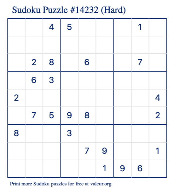 Free Printable Hard Sudoku Puzzle number 14232